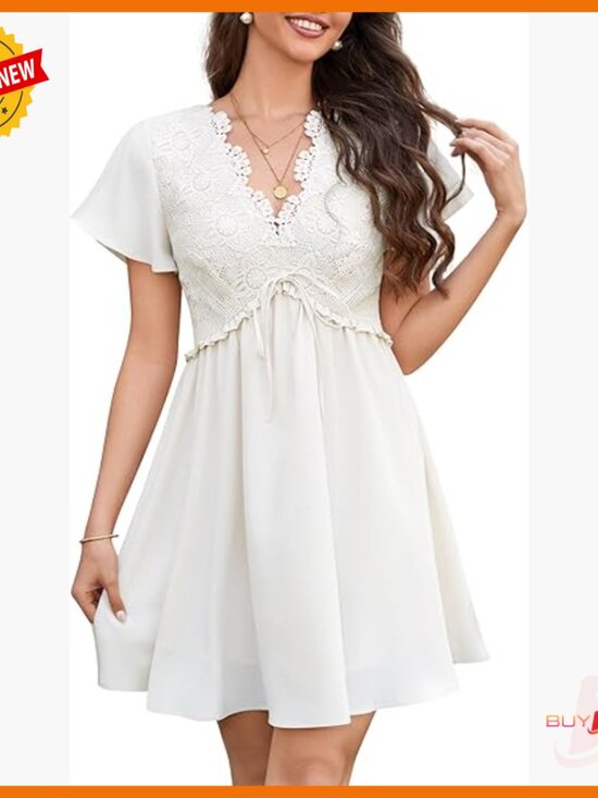 Dresses & Skirts - Floral Lace Deep V-Neck Mini Dress Flutter Sleeves A-Line Boho